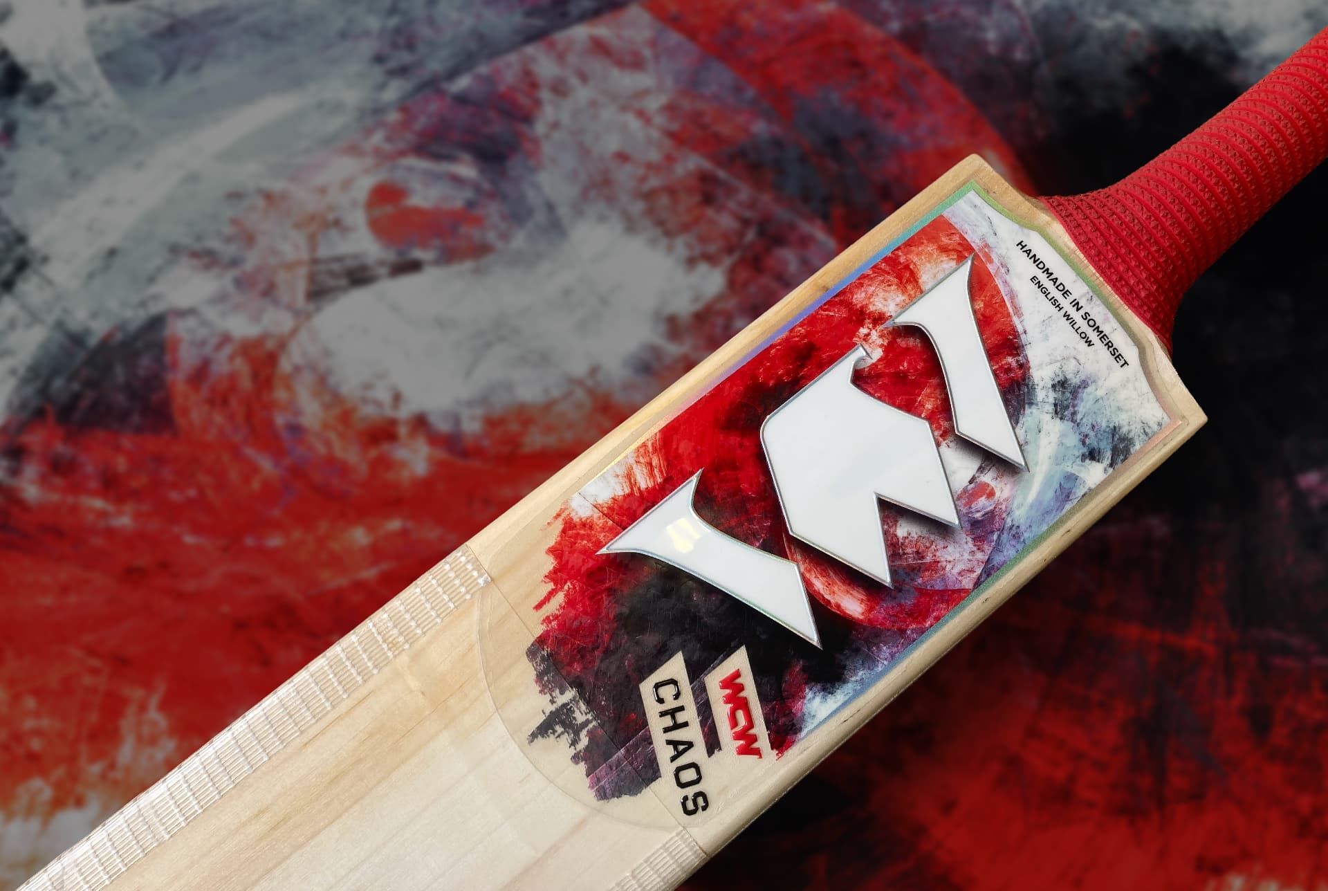 World Class Willow Chaos bat with bespoke red and blue stickers